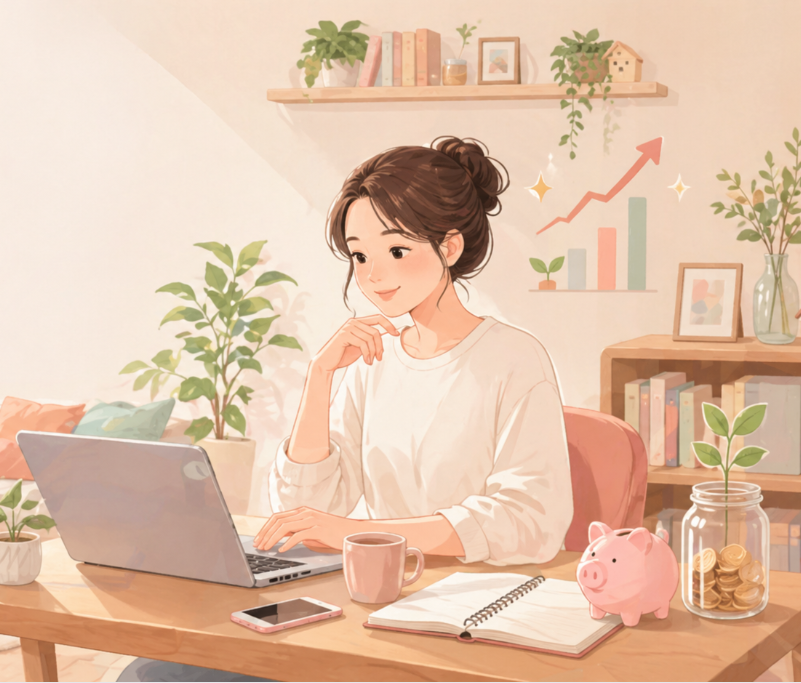 パソコンに向かうママと豊かな暮らしのイメージ
